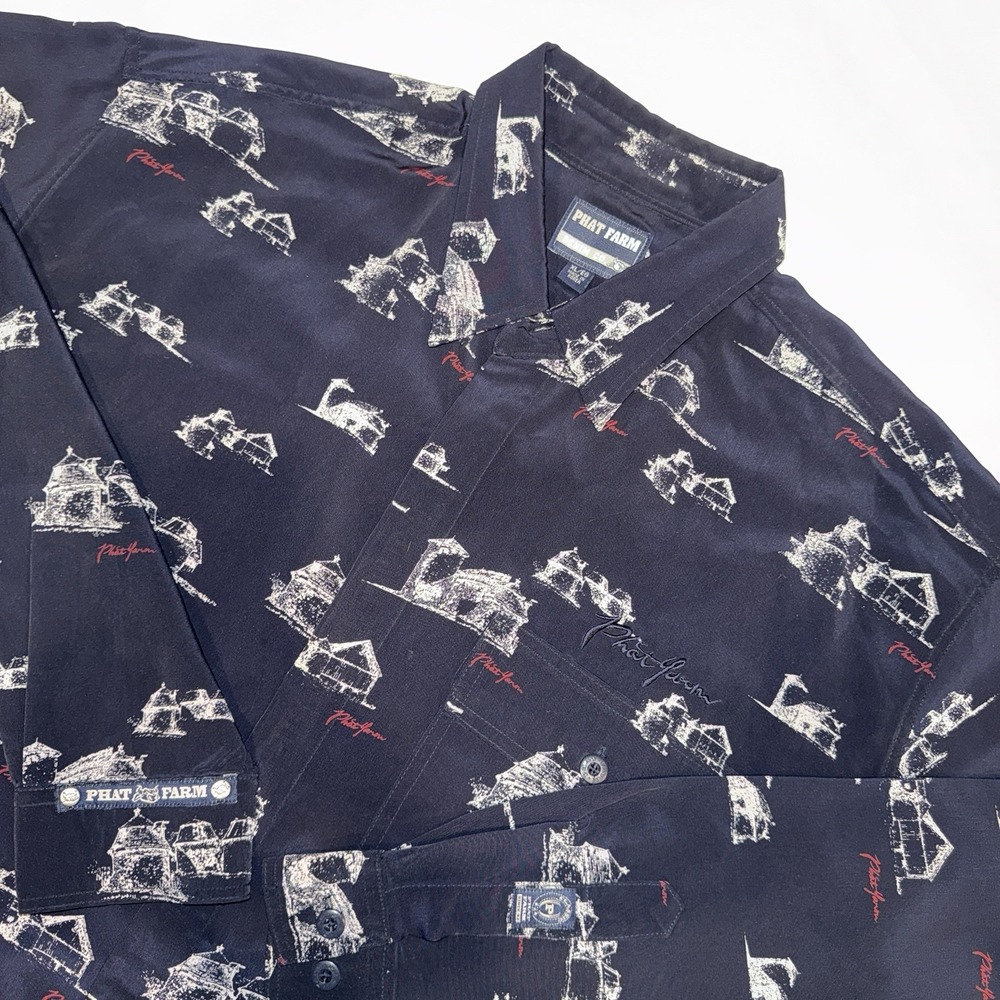 Vintage 90s/00 Phat Farm Shirt Men’s XL Navy Blue AOP All Over Print Y2K Hip Hop